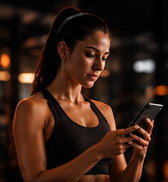 Aluna consultando o celular na academia