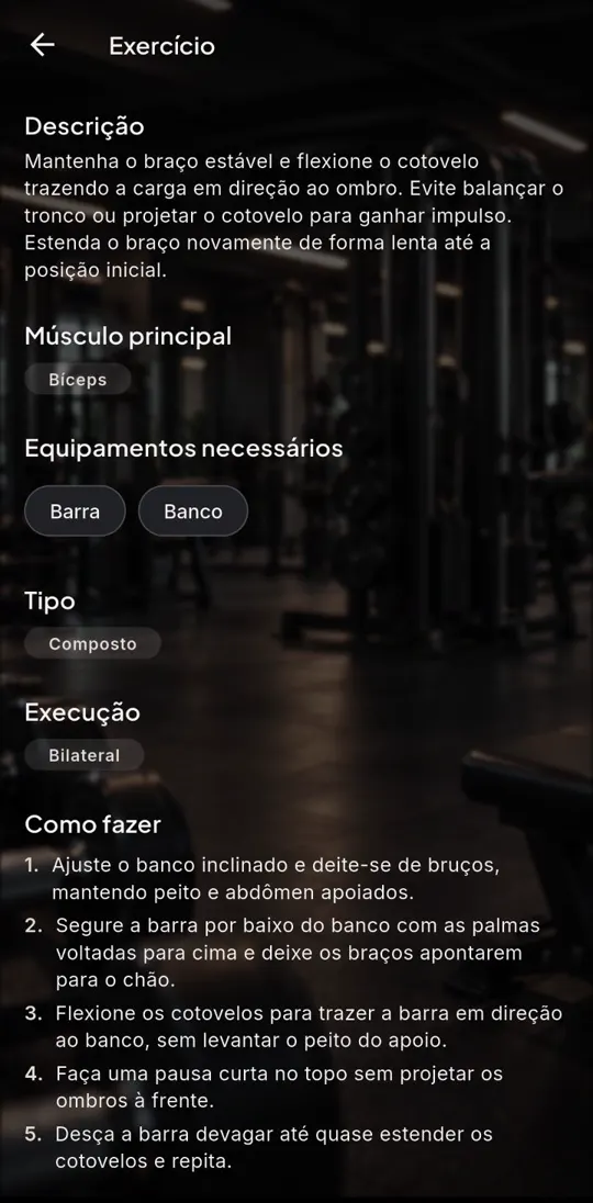 Tela de detalhe de exercício do UzyFit, com descrição, músculo principal, equipamentos necessários, tipo, execução e passo a passo